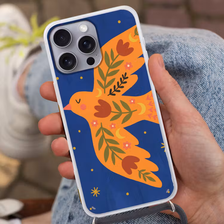 Handyhülle mit Band - Vogel – Blumen – Dekorativ – Orange – Blau — 2