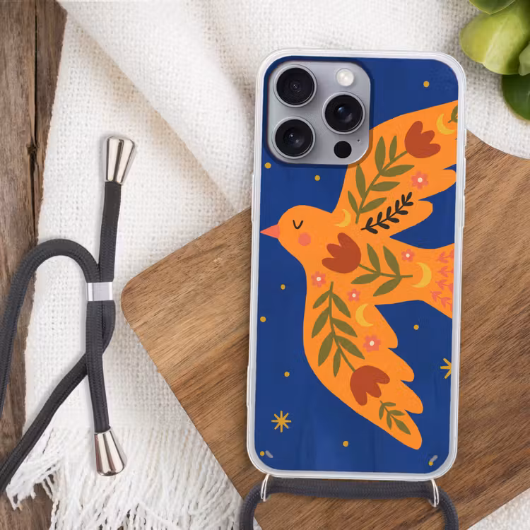 Handyhülle mit Band - Vogel – Blumen – Dekorativ – Orange – Blau — 3