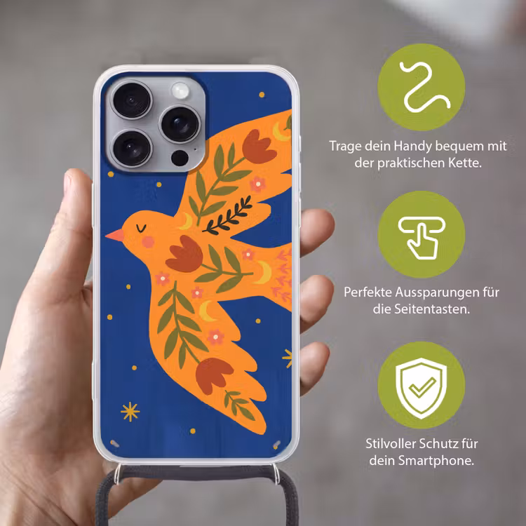 Handyhülle mit Band - Vogel – Blumen – Dekorativ – Orange – Blau — 4