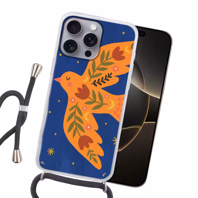 Handyhülle mit Band - Vogel – Blumen – Dekorativ – Orange – Blau — 5