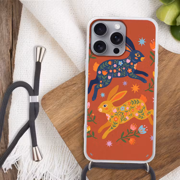 Handyhülle mit Band - Kaninchen – Blumen – Volkskunst – Farbenfroh – Tiere — 3