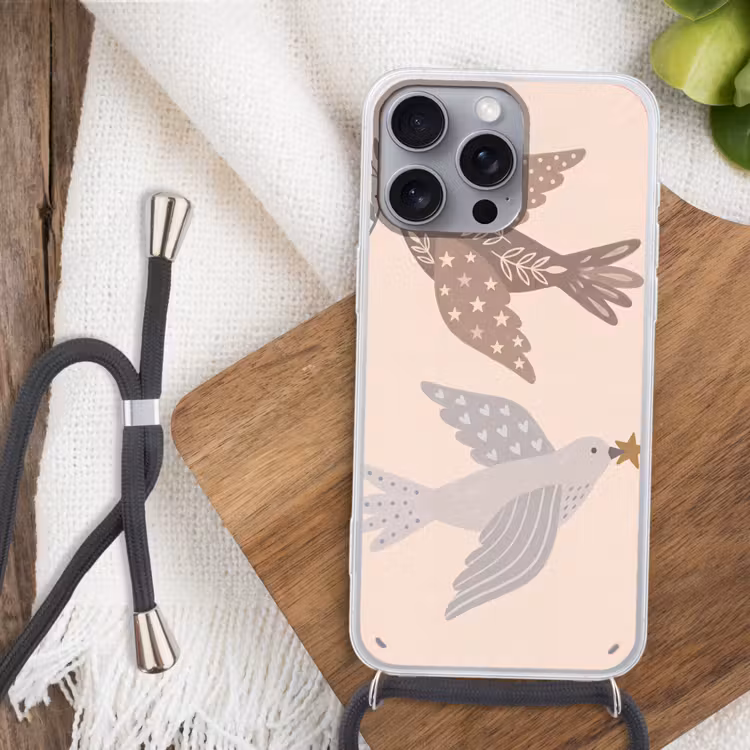 Handyhülle mit Band - Vogel – Beeren – Natur – Modern – Beige — 3