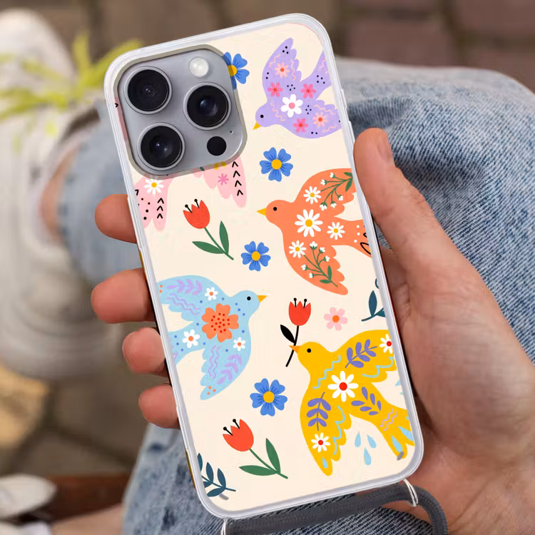 Handyhülle mit Band - Vögel – Blumen – Folk – Bunt – Tiere — 2