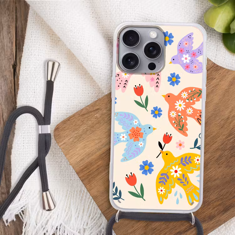 Handyhülle mit Band - Vögel – Blumen – Folk – Bunt – Tiere — 3