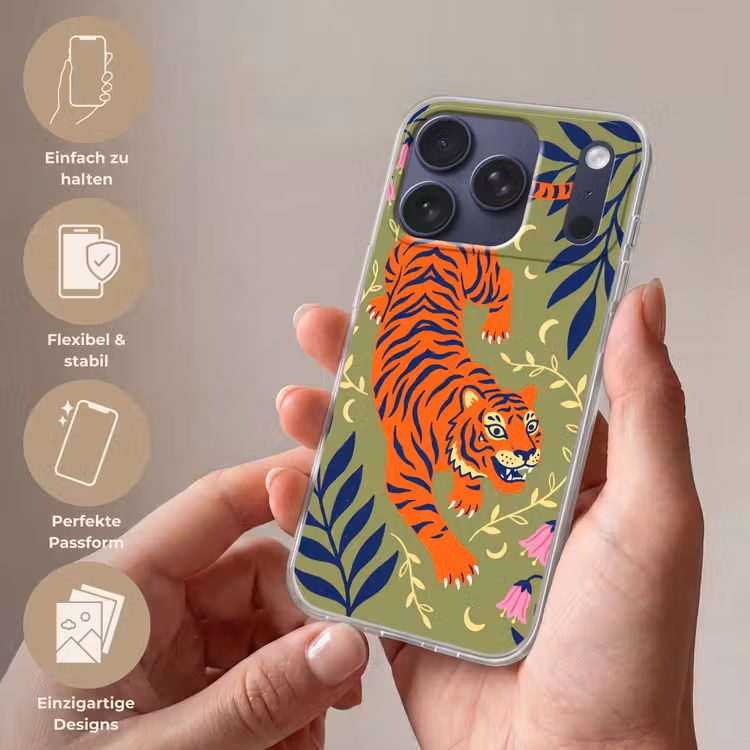 Handyhülle - Tiger – Blätter – Tiere – Illustration – Orange — 4