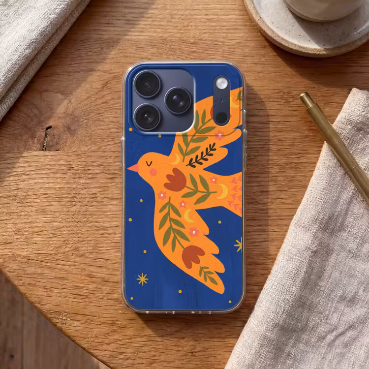 Handyhülle - Vogel – Blumen – Dekorativ – Orange – Blau — 2