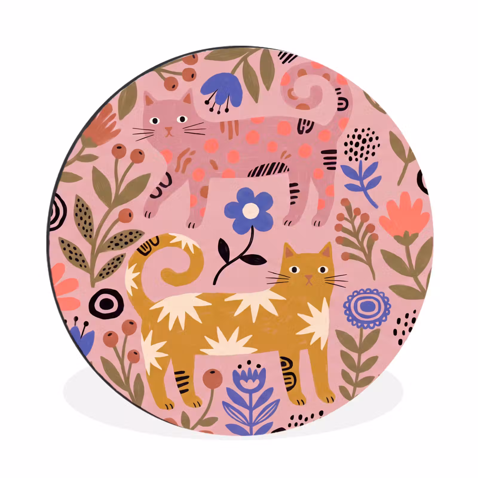 Alu-Dibond-Bild Rund - Katze – Blumen – Tiere – Modern – Rosa — 1