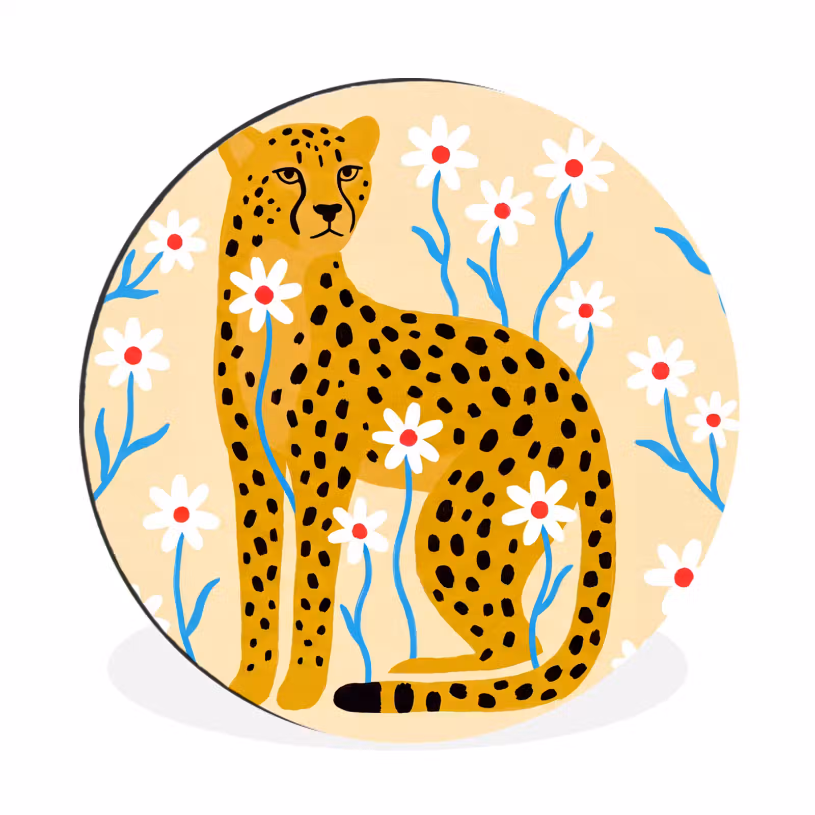 Alu-Dibond-Bild Rund - Tiere – Gepard – Blumen – Modern – Gelb — 1