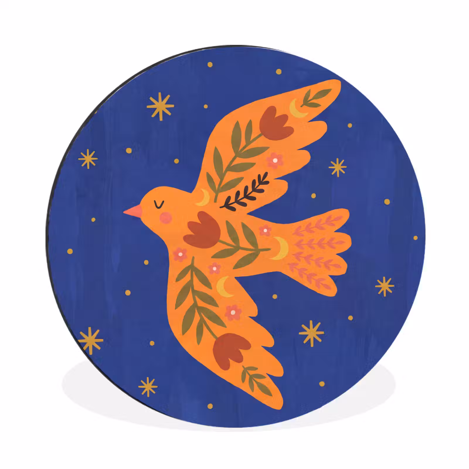 Alu-Dibond-Bild Rund - Vogel – Blumen – Dekorativ – Orange – Blau — 1