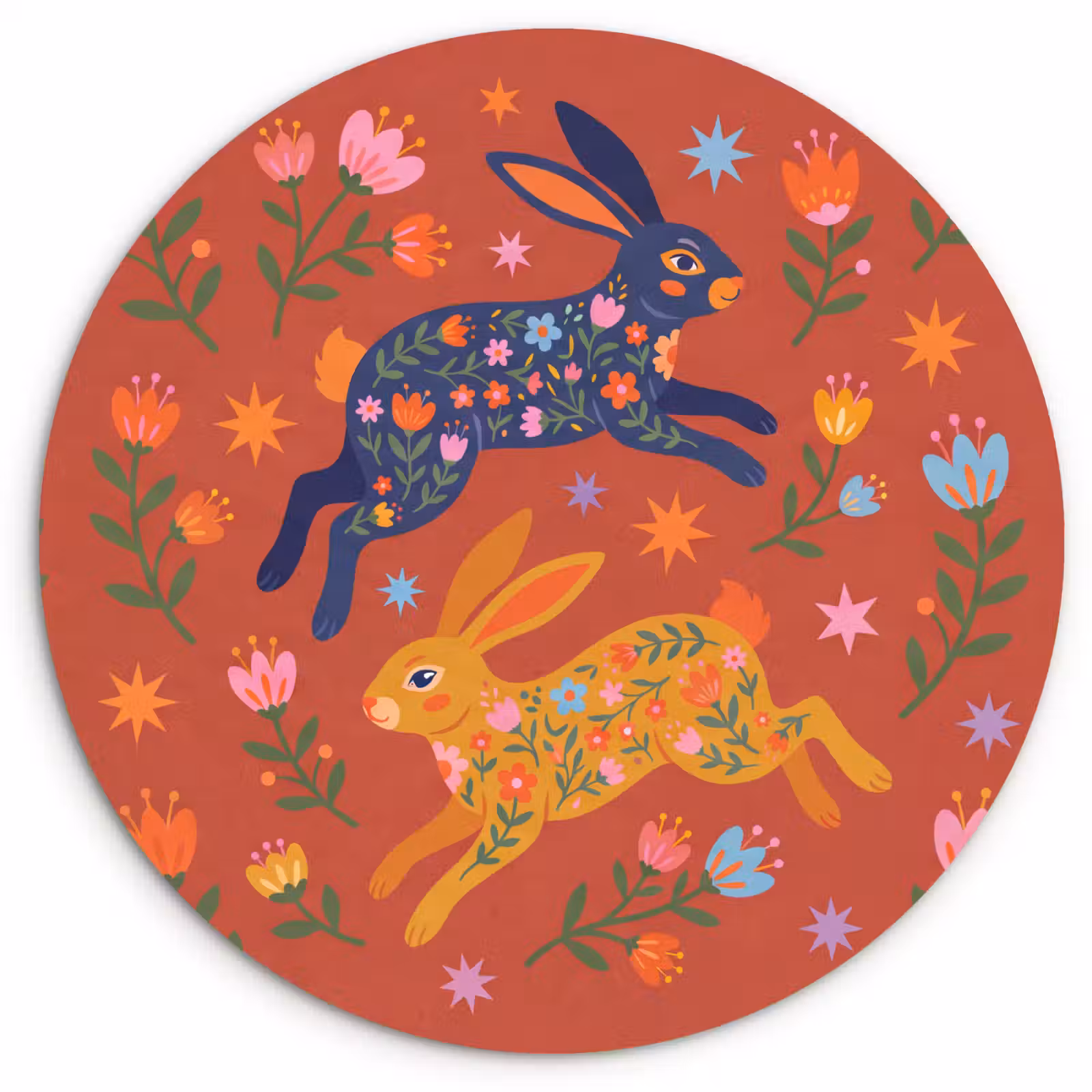 Glasbild Rund - Kaninchen – Blumen – Volkskunst – Farbenfroh – Tiere — 1