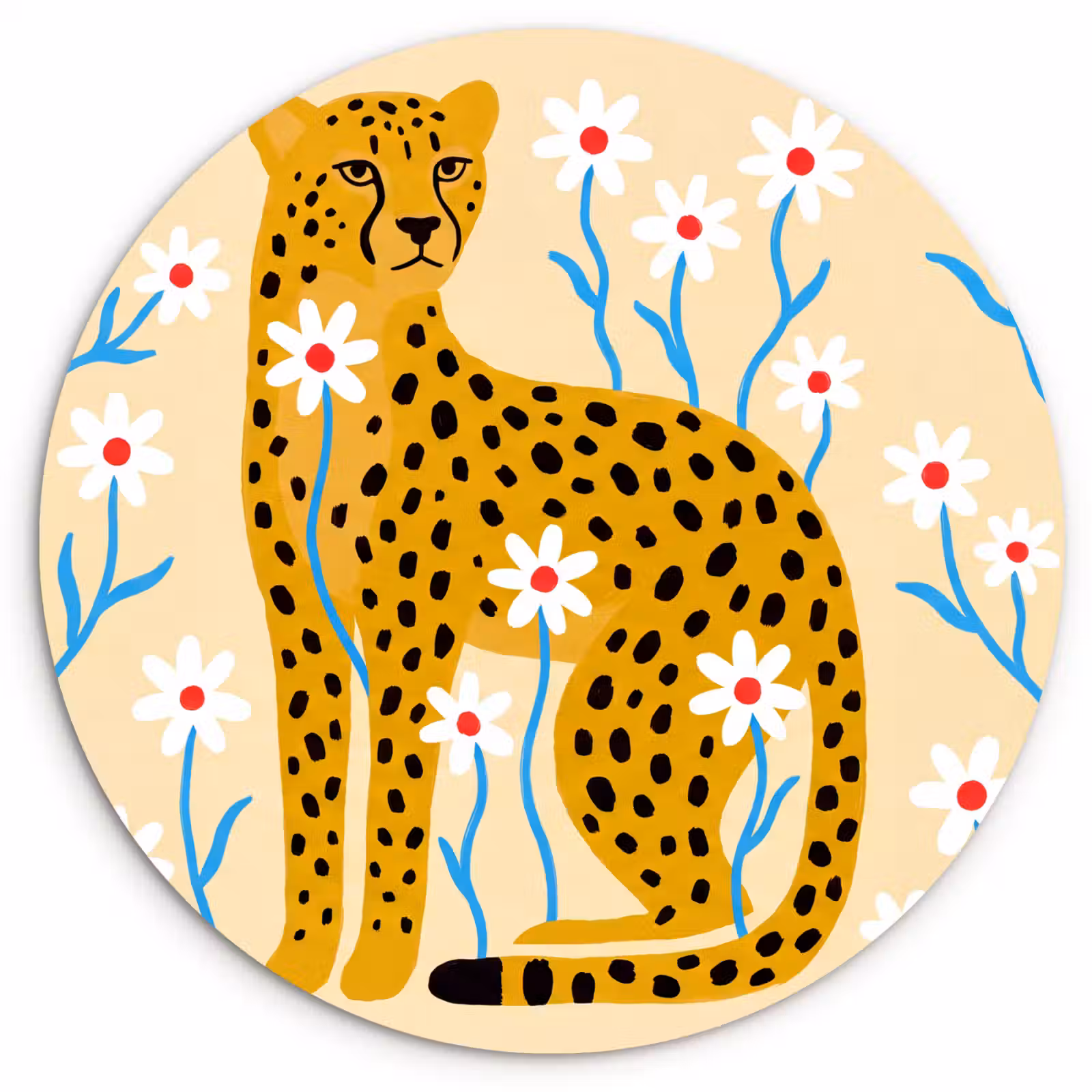 Glasbild Rund - Tiere – Gepard – Blumen – Modern – Gelb — 1