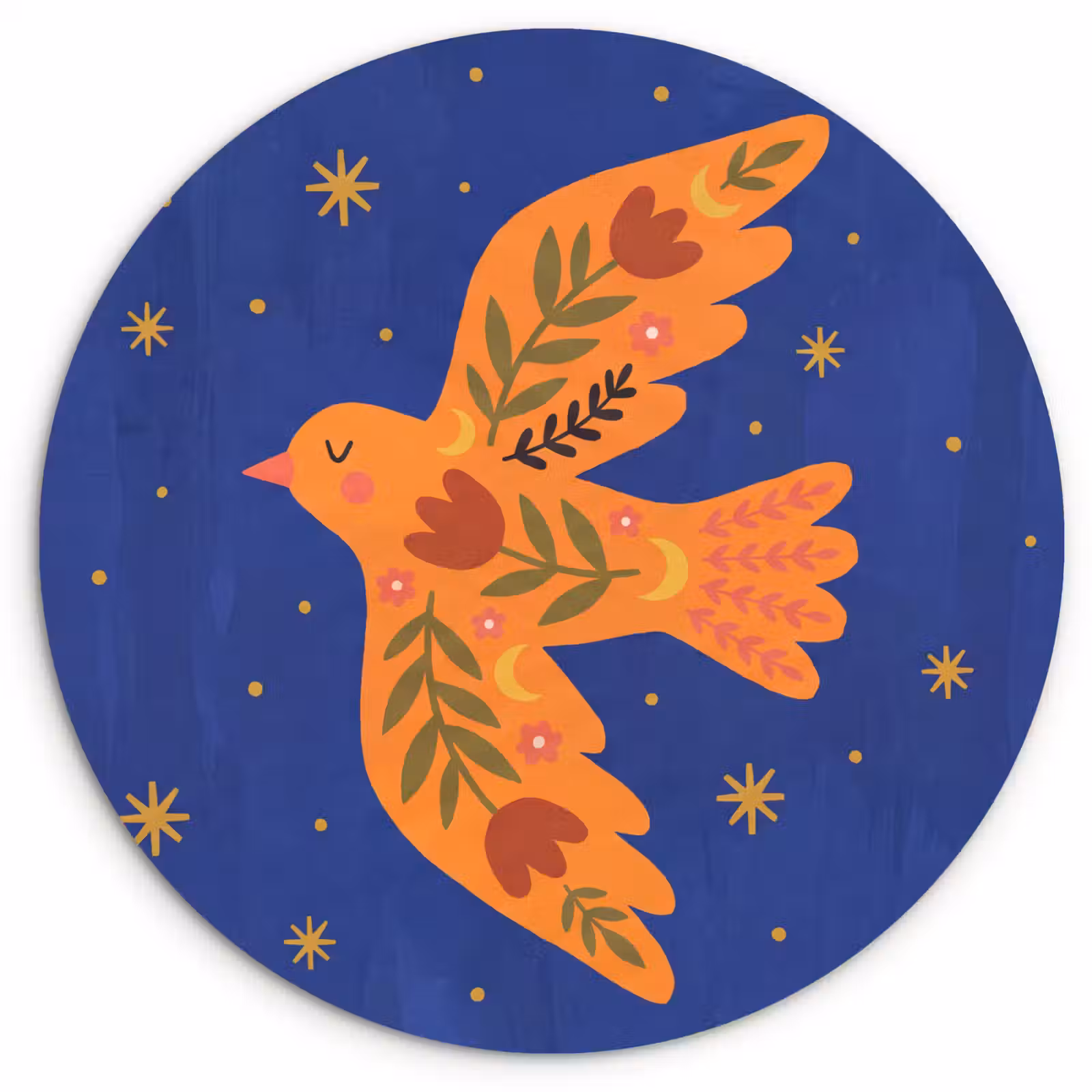 Glasbild Rund - Vogel – Blumen – Dekorativ – Orange – Blau — 1