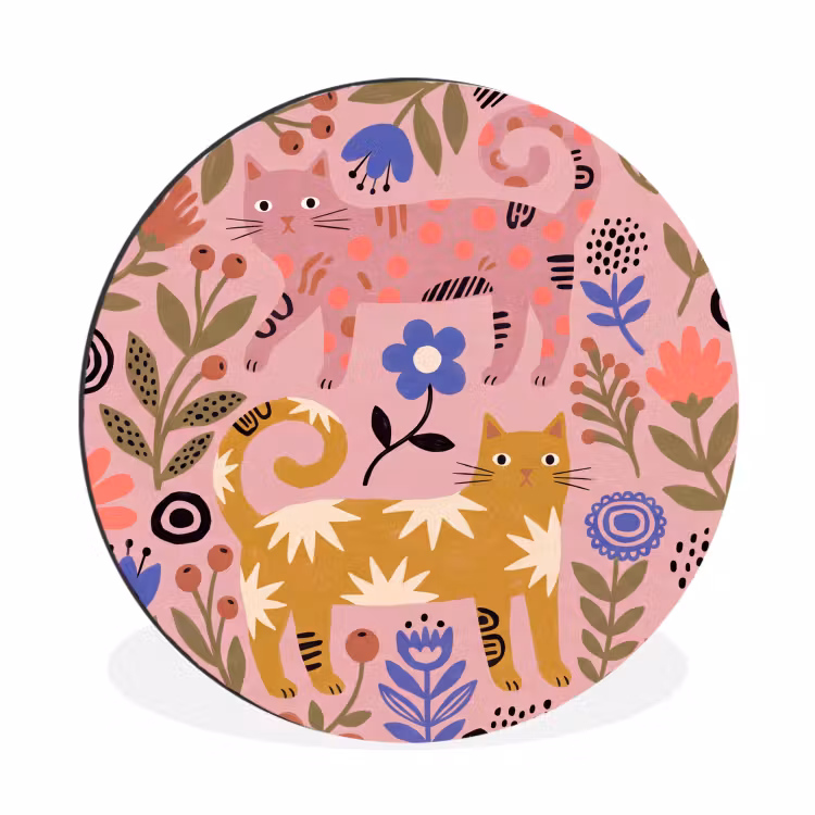 Alu-Dibond-Bild Rund - Katze – Blumen – Tiere – Modern – Rosa — 1