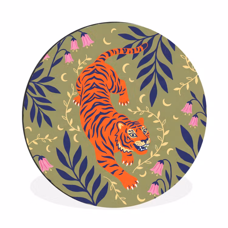 Alu-Dibond-Bild Rund - Tiger – Blätter – Tiere – Illustration – Orange — 1