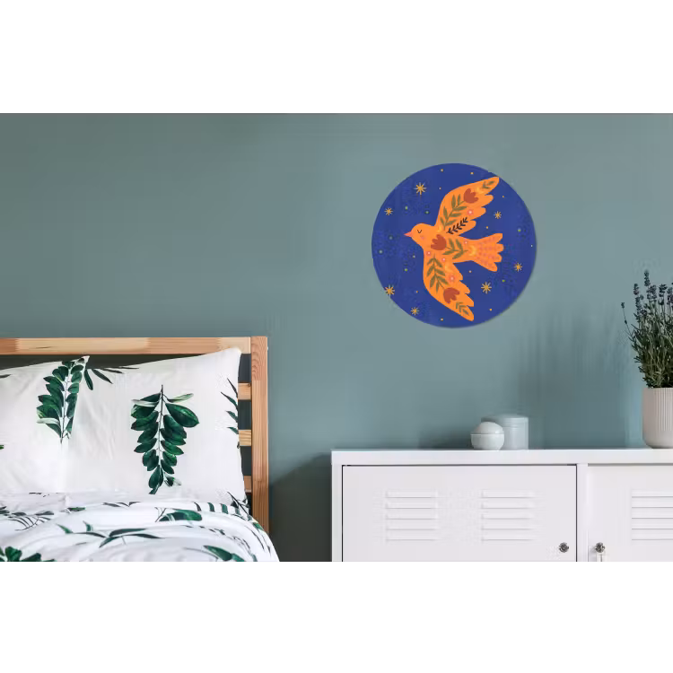 Alu-Dibond-Bild Rund - Vogel – Blumen – Dekorativ – Orange – Blau — 5