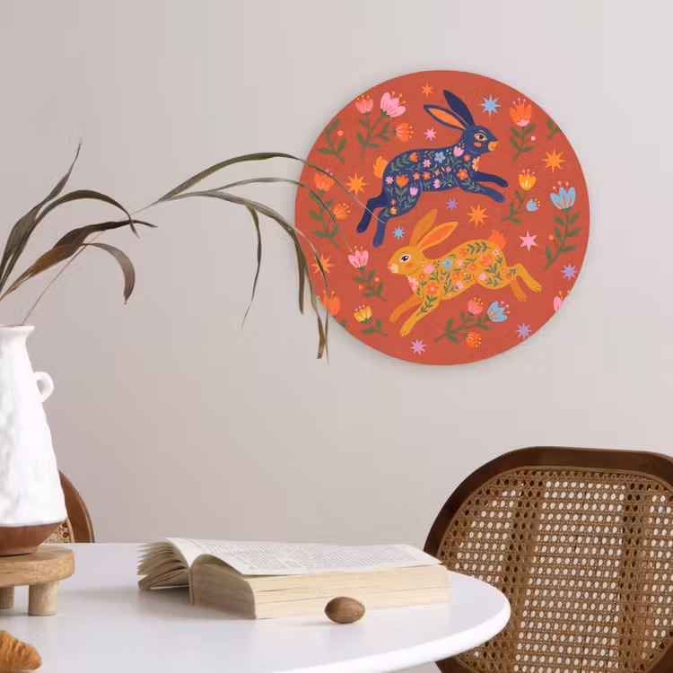 Glasbild Rund - Kaninchen – Blumen – Volkskunst – Farbenfroh – Tiere — 4