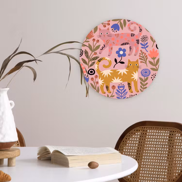 Glasbild Rund - Katze – Blumen – Tiere – Modern – Rosa — 4