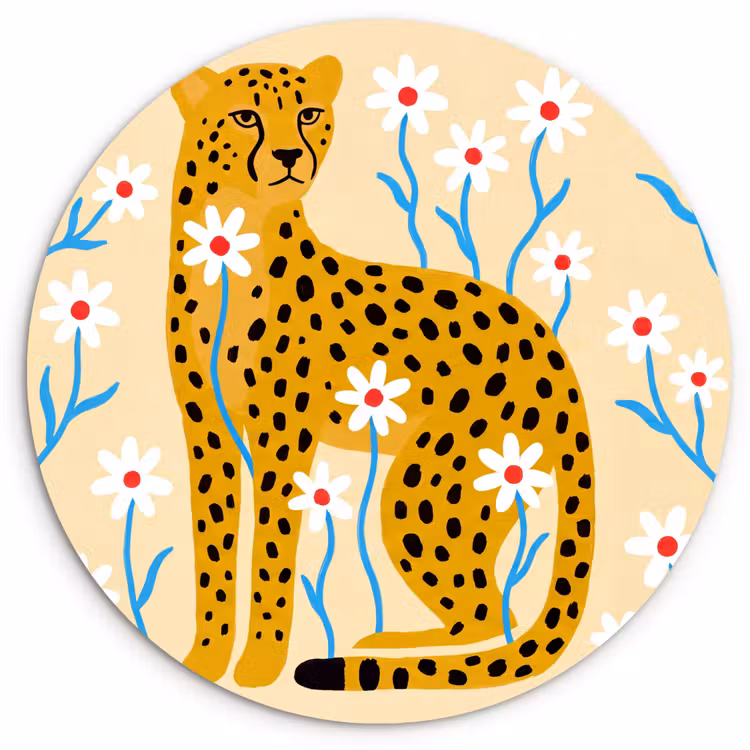 Glasbild Rund - Tiere – Gepard – Blumen – Modern – Gelb — 1