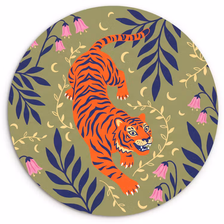 Glasbild Rund - Tiger – Blätter – Tiere – Illustration – Orange — 1