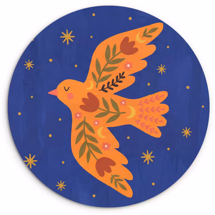 Glasbild Rund - Vogel – Blumen – Dekorativ – Orange – Blau — 1