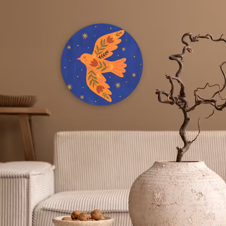 Glasbild Rund - Vogel – Blumen – Dekorativ – Orange – Blau — 2
