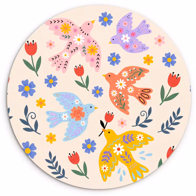 Glasbild Rund - Vögel – Blumen – Folk – Bunt – Tiere — 1