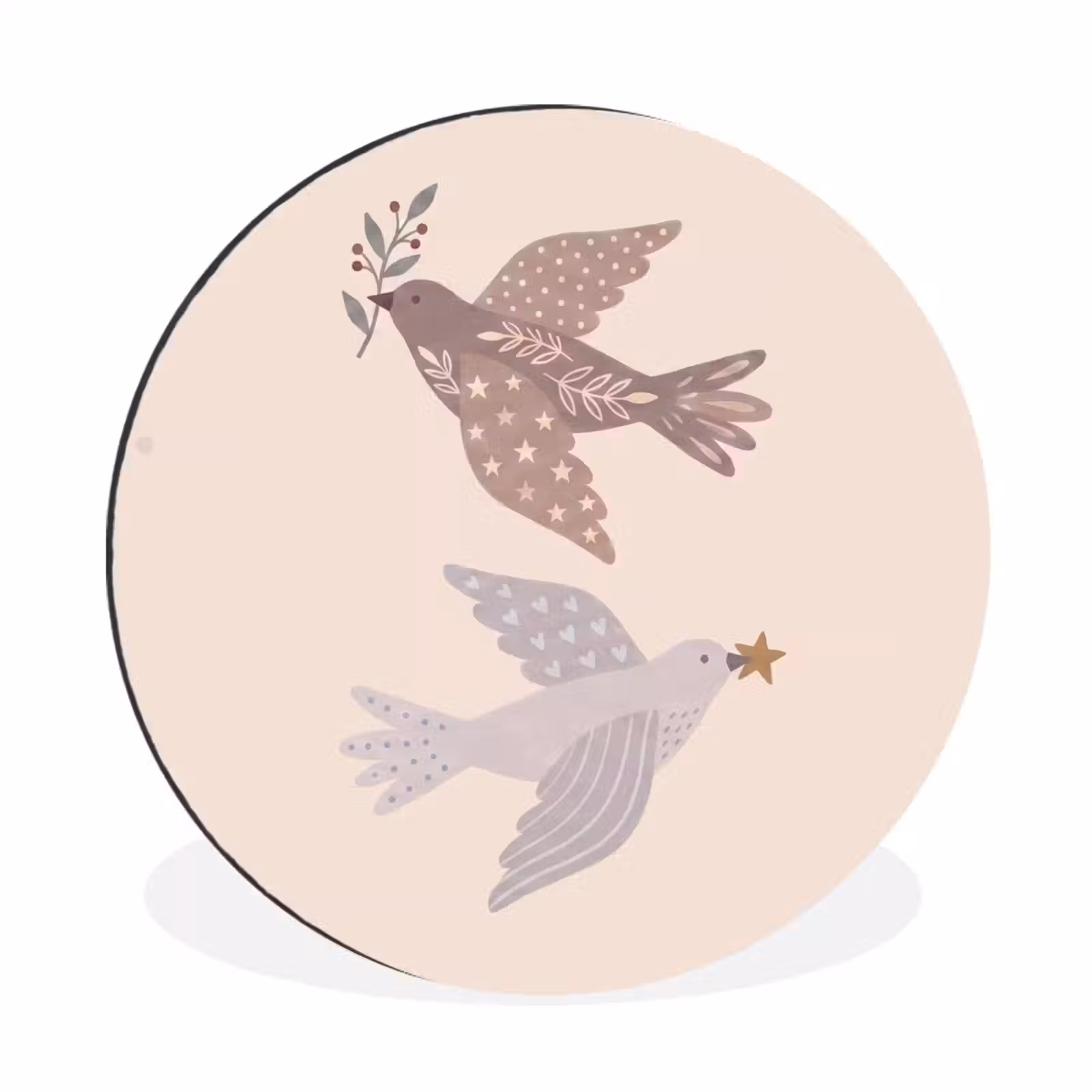 Alu-Dibond-Bild Rund - Vogel – Beeren – Natur – Modern – Beige — 1