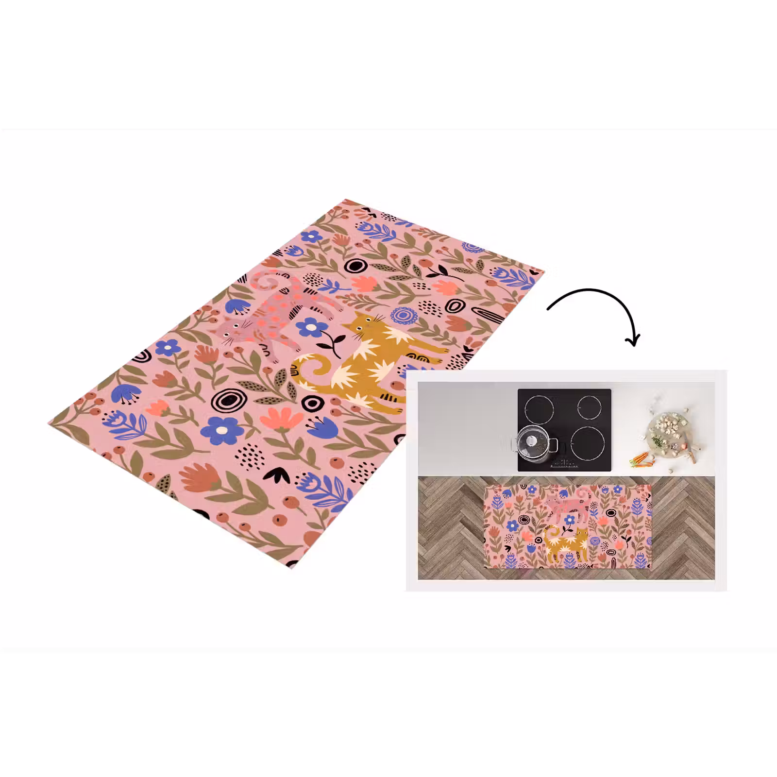 Küchenläufer - Katze – Blumen – Tiere – Modern – Rosa — 1