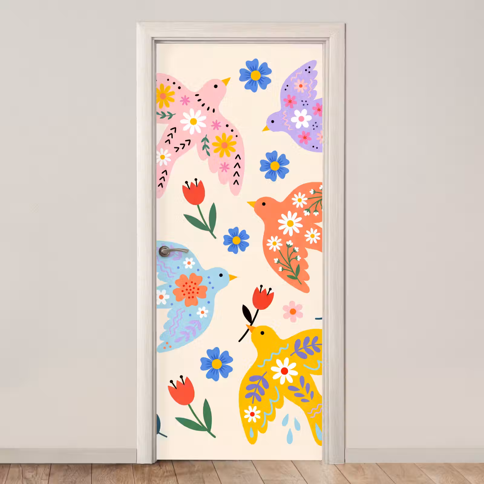 Türtapete - Vögel – Blumen – Folk – Bunt – Tiere — 1