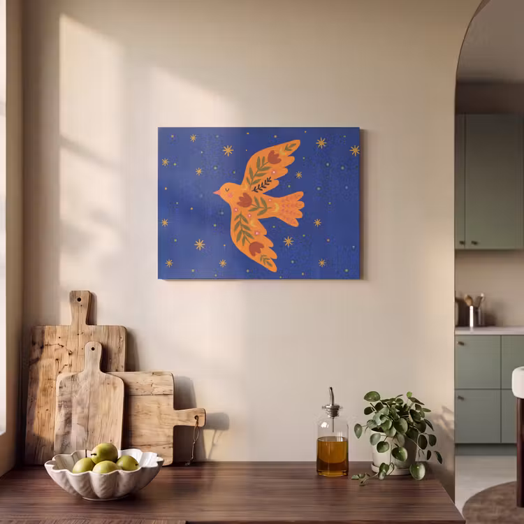 Akustikbild - Vogel – Blumen – Dekorativ – Orange – Blau — 4