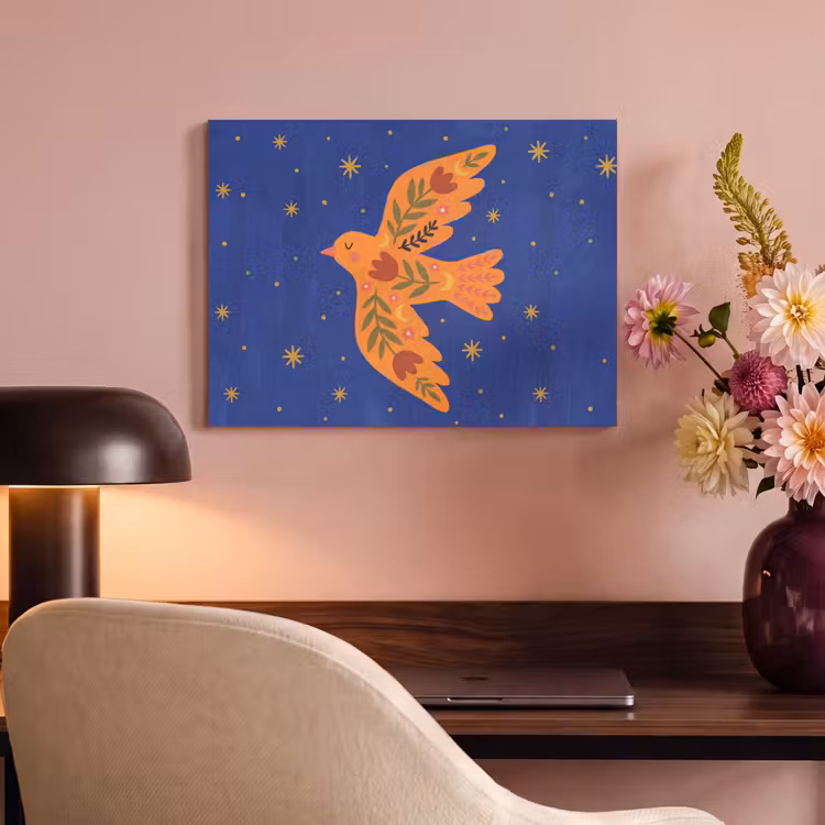 Akustikbild - Vogel – Blumen – Dekorativ – Orange – Blau — 6