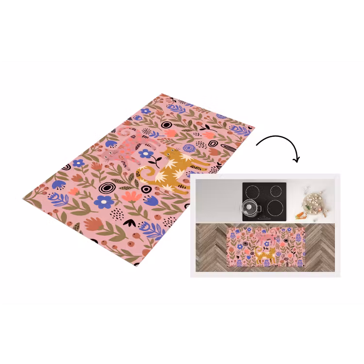 Küchenläufer - Katze – Blumen – Tiere – Modern – Rosa — 1