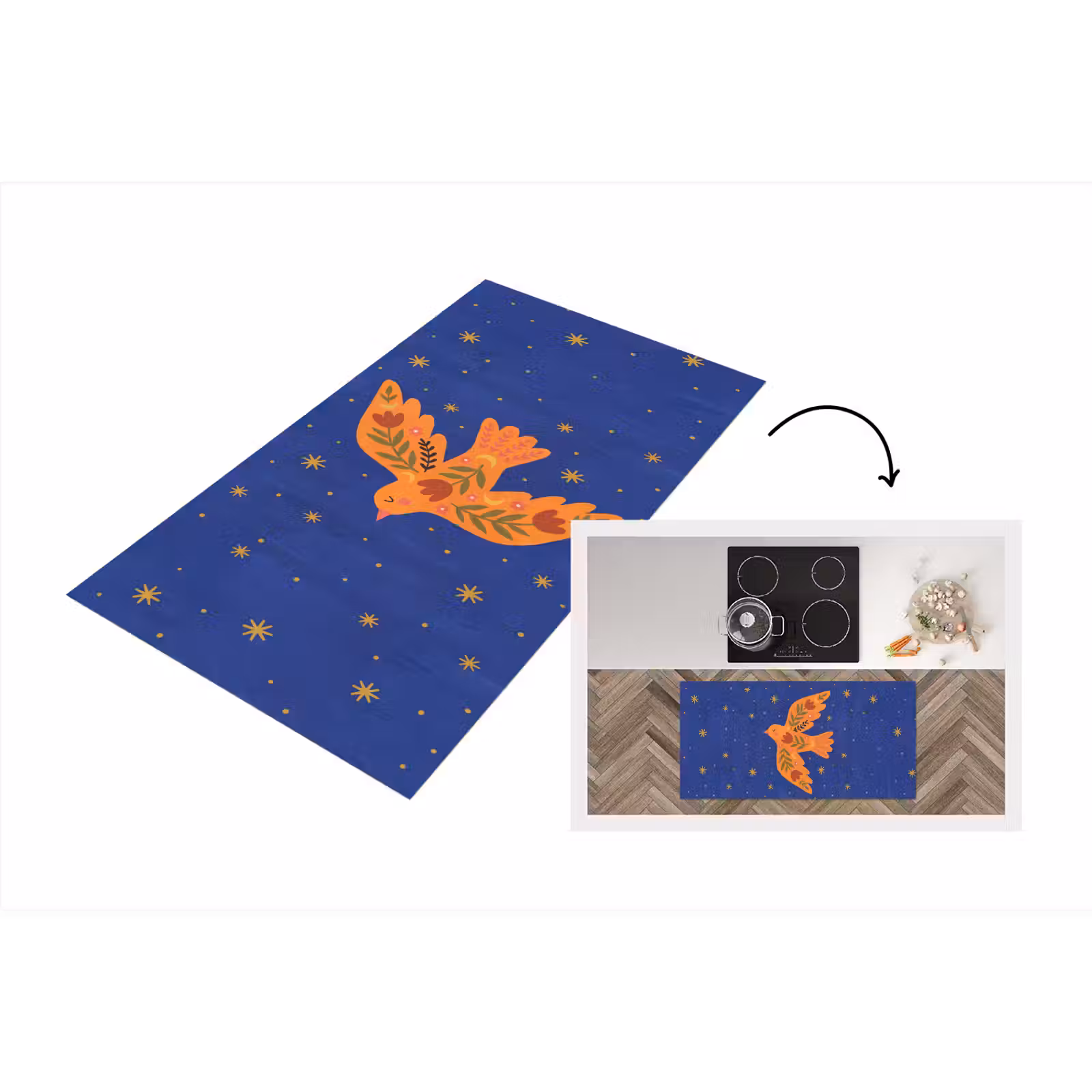 Küchenläufer - Vogel – Blumen – Dekorativ – Orange – Blau — 1