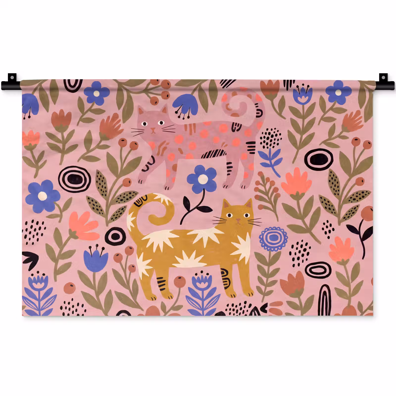 Wandteppich - Katze – Blumen – Tiere – Modern – Rosa — 1