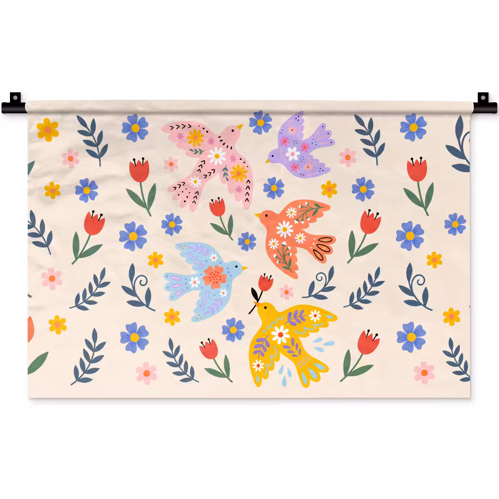 Wandteppich - Vögel – Blumen – Folk – Bunt – Tiere — 1
