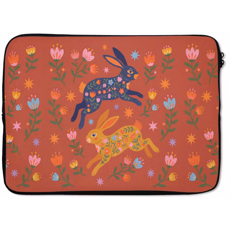 Laptop hülle - Kaninchen – Blumen – Volkskunst – Farbenfroh – Tiere — 1
