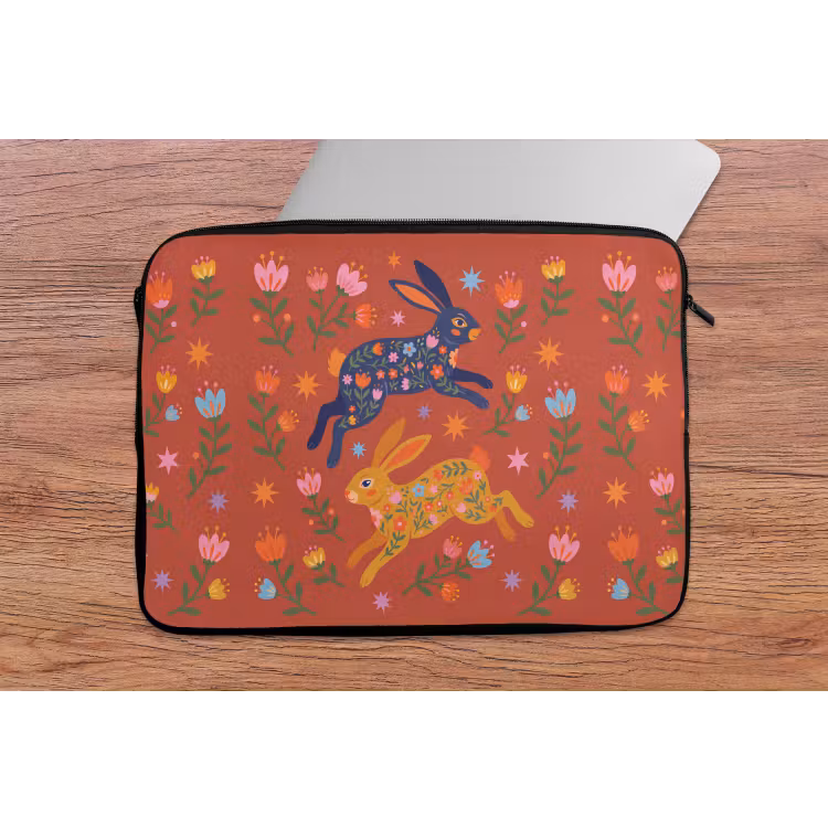Laptop hülle - Kaninchen – Blumen – Volkskunst – Farbenfroh – Tiere — 2