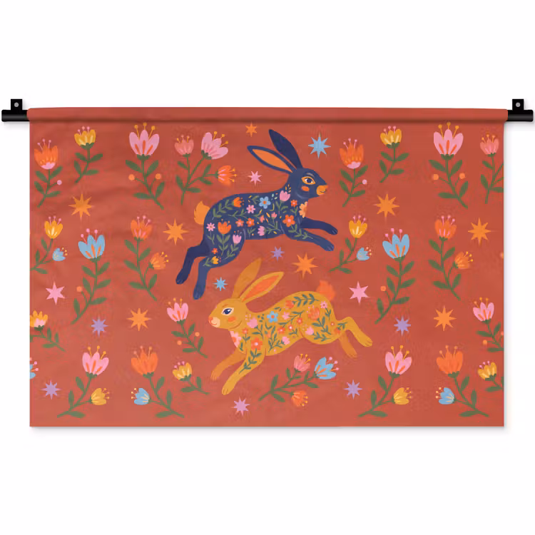 Wandteppich - Kaninchen – Blumen – Volkskunst – Farbenfroh – Tiere — 1