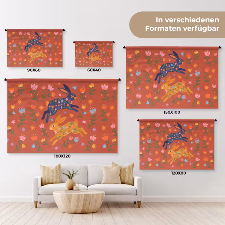 Wandteppich - Kaninchen – Blumen – Volkskunst – Farbenfroh – Tiere — 8