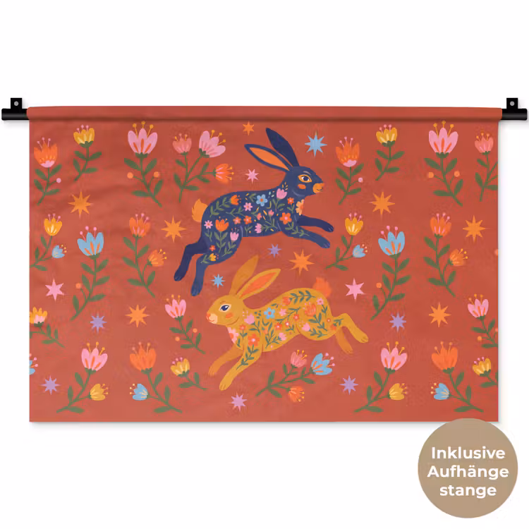 Wandteppich - Kaninchen – Blumen – Volkskunst – Farbenfroh – Tiere — 9