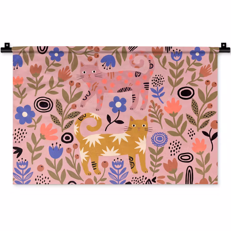 Wandteppich - Katze – Blumen – Tiere – Modern – Rosa — 1