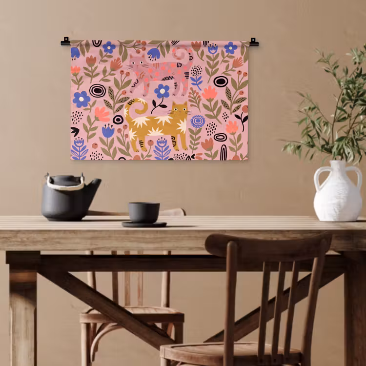 Wandteppich - Katze – Blumen – Tiere – Modern – Rosa — 3