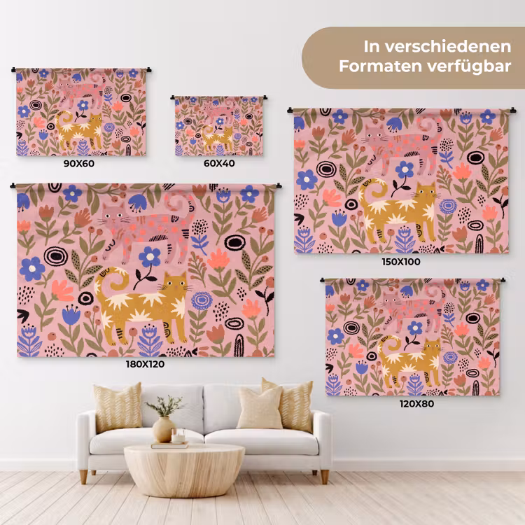 Wandteppich - Katze – Blumen – Tiere – Modern – Rosa — 8