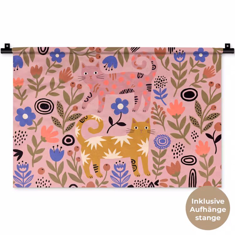 Wandteppich - Katze – Blumen – Tiere – Modern – Rosa — 9