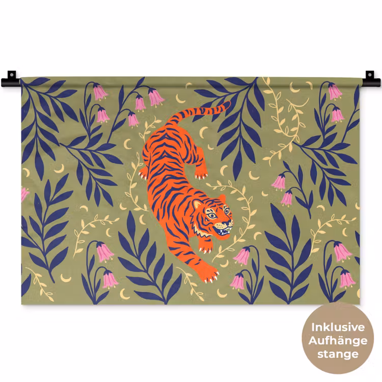 Wandteppich - Tiger – Blätter – Tiere – Illustration – Orange — 9