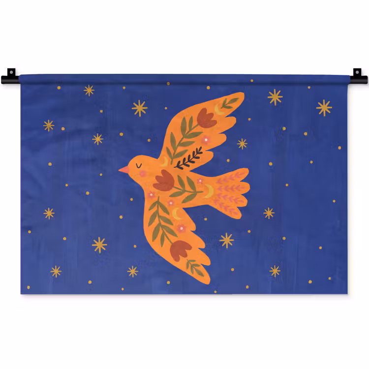Wandteppich - Vogel – Blumen – Dekorativ – Orange – Blau — 1