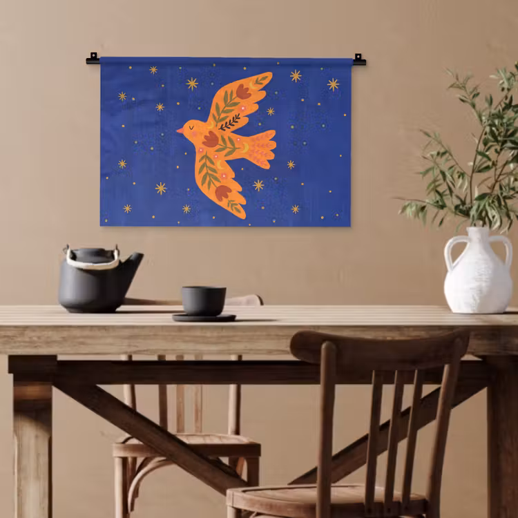 Wandteppich - Vogel – Blumen – Dekorativ – Orange – Blau — 3