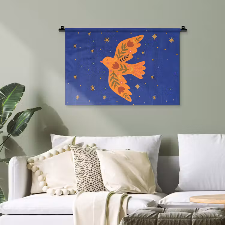 Wandteppich - Vogel – Blumen – Dekorativ – Orange – Blau — 4