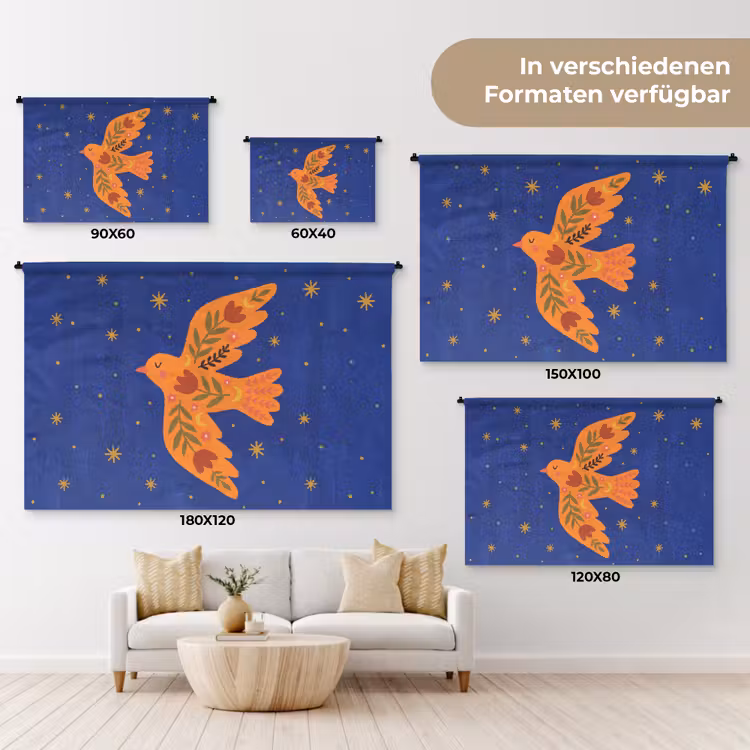 Wandteppich - Vogel – Blumen – Dekorativ – Orange – Blau — 8