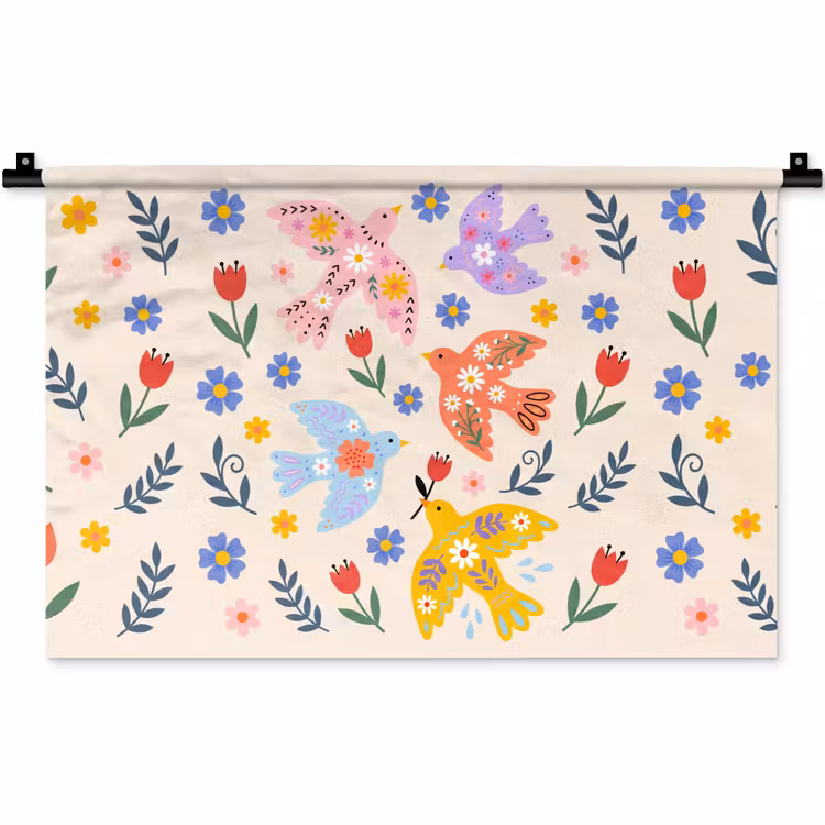 Wandteppich - Vögel – Blumen – Folk – Bunt – Tiere — 1